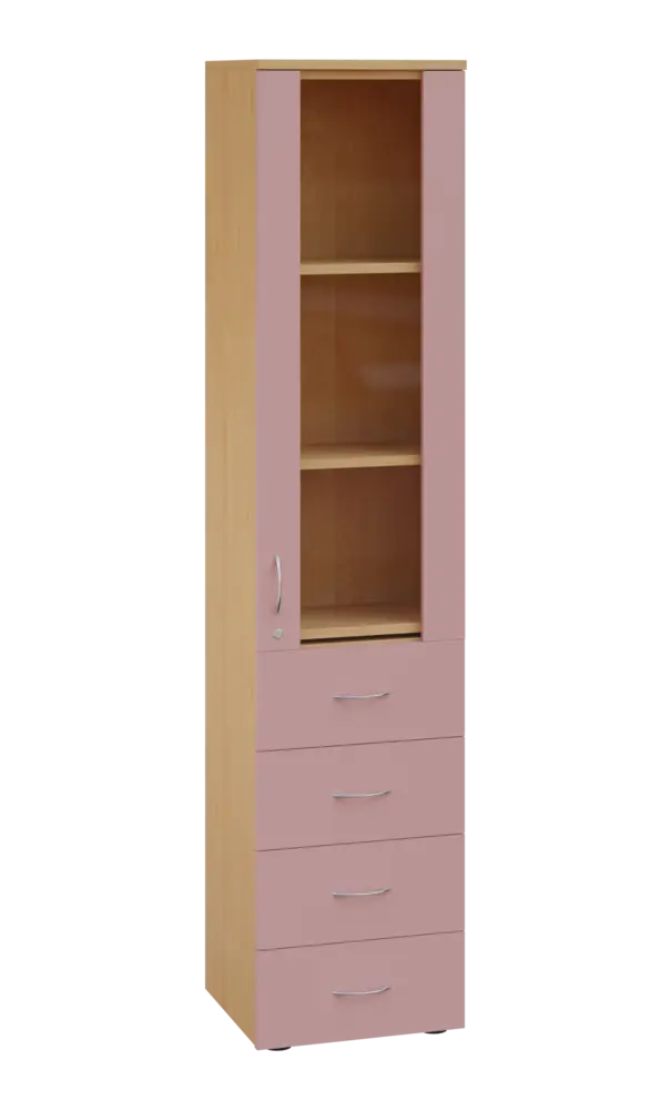 LE - 44 skříň léková prosklená, pravá, korpus javor horský, dvířka pastelově růžová